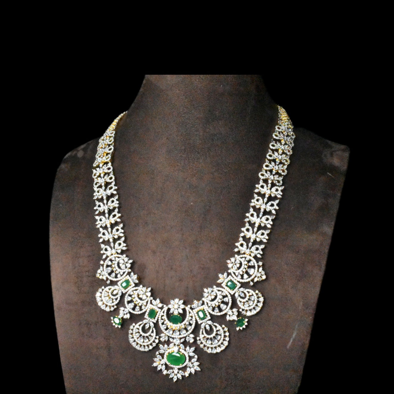 CZ Emerald Long Necklace Set with Jhumka Earrings | Bridal American Diamond Jewellery