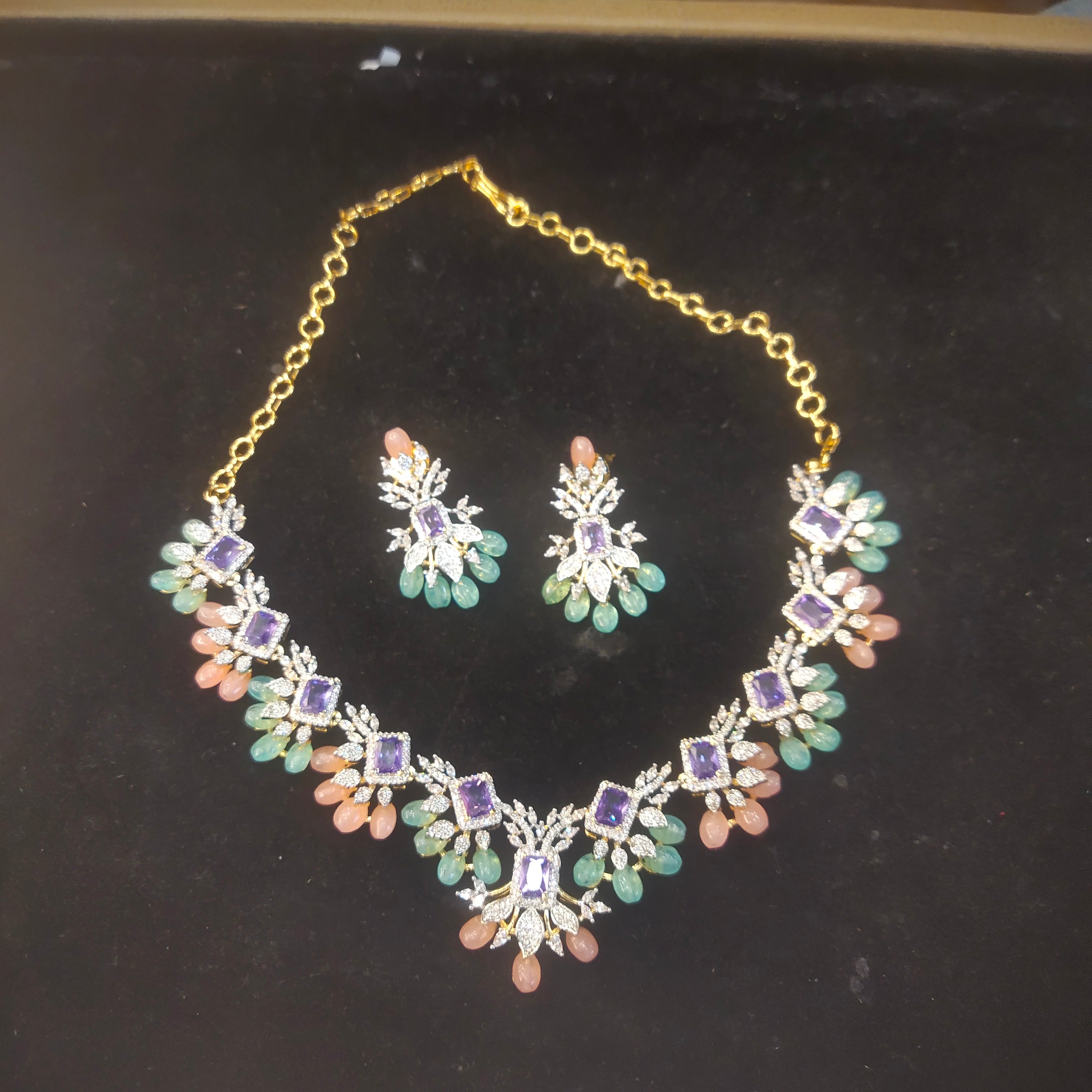 Lavender Gemstone Statement Necklace & Earring Set – Pastel Multi-Stone