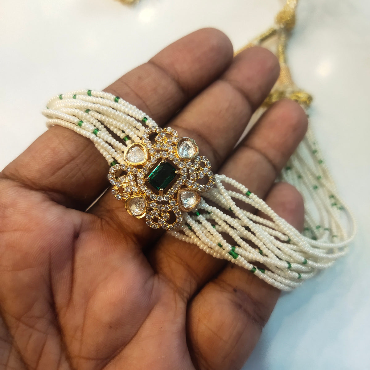 Asp Green Kundan Beaded Gold Plated Choker Necklace Set
