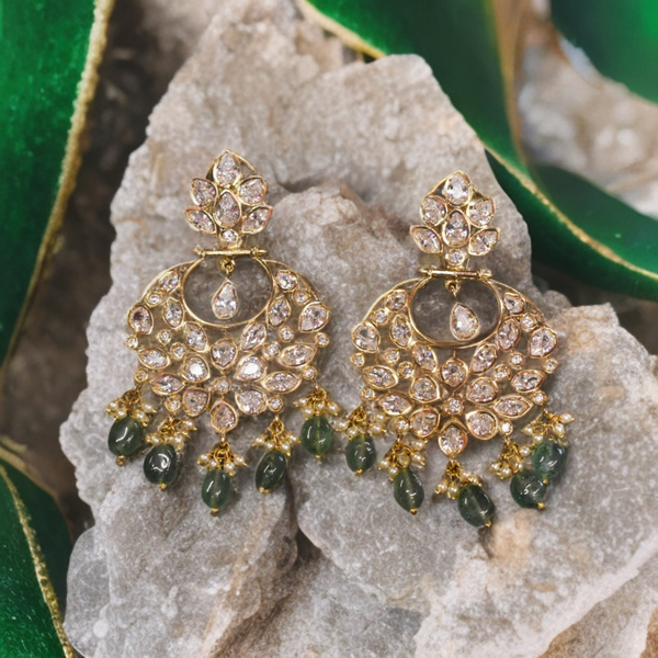 Green Beaded 24K Gold Plated Screw Back Zircon Chandbali