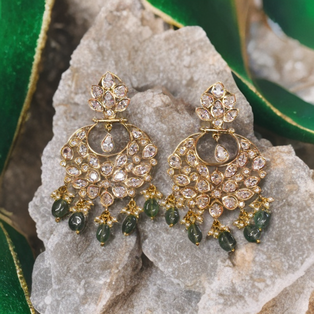 Green Beaded 24K Gold Plated Screw Back Zircon Chandbali