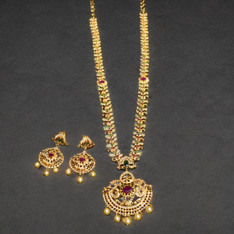 CZ Gold Plated Long Necklace Set - Elegant Wedding Jewelry with Pearls