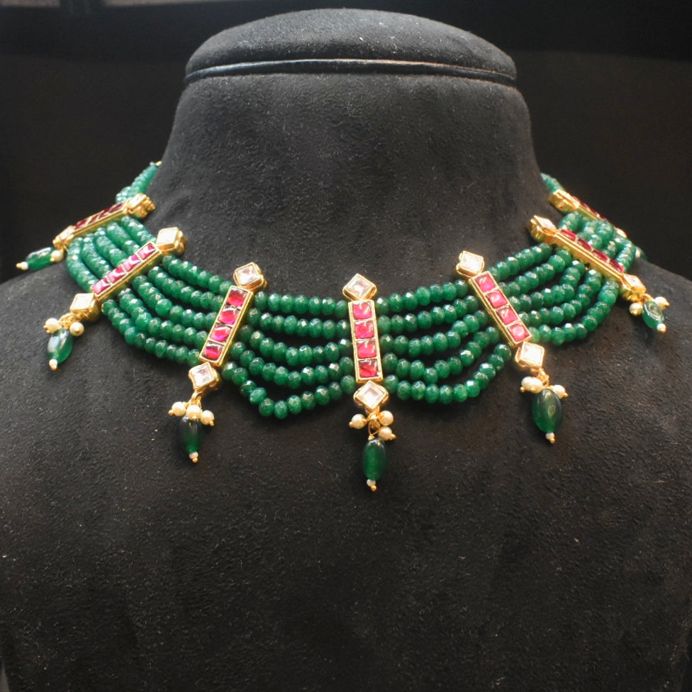 Jadau Kundan Green Beaded Necklace - 5 String Traditional Temple Jewelry