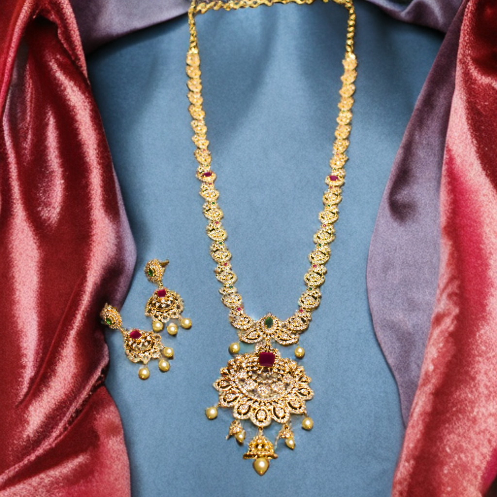 CZ Gold Plated Long Necklace Set - Sophisticated Bridal Jewelry Collection