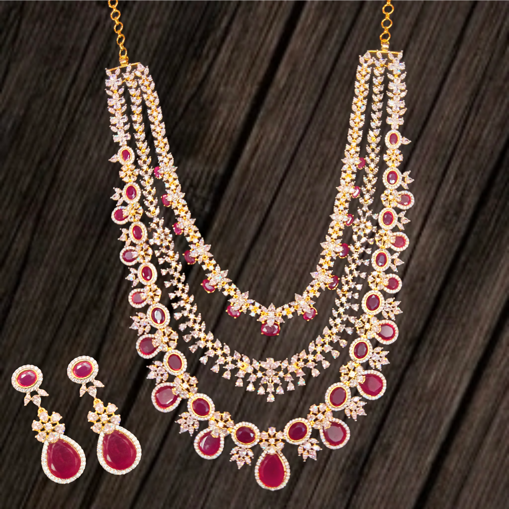 3-Layered CZ Diamond & Ruby Bridal Haram Necklace Set | 24K Gold Plated Wedding Jewelry