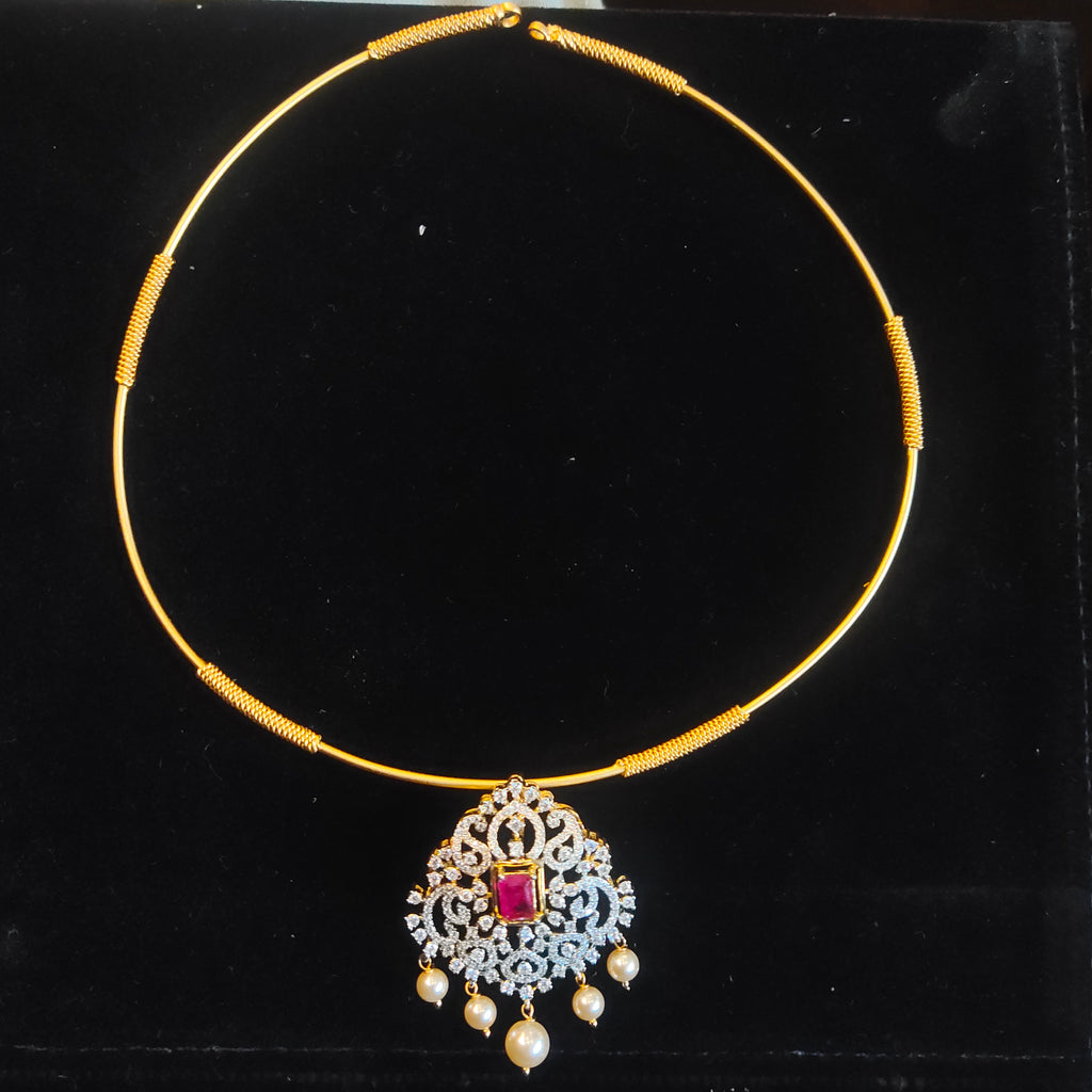 Gold Plated CZ Hasli Choker Necklace with Pearl Drops | Emerald Green & Ruby Red