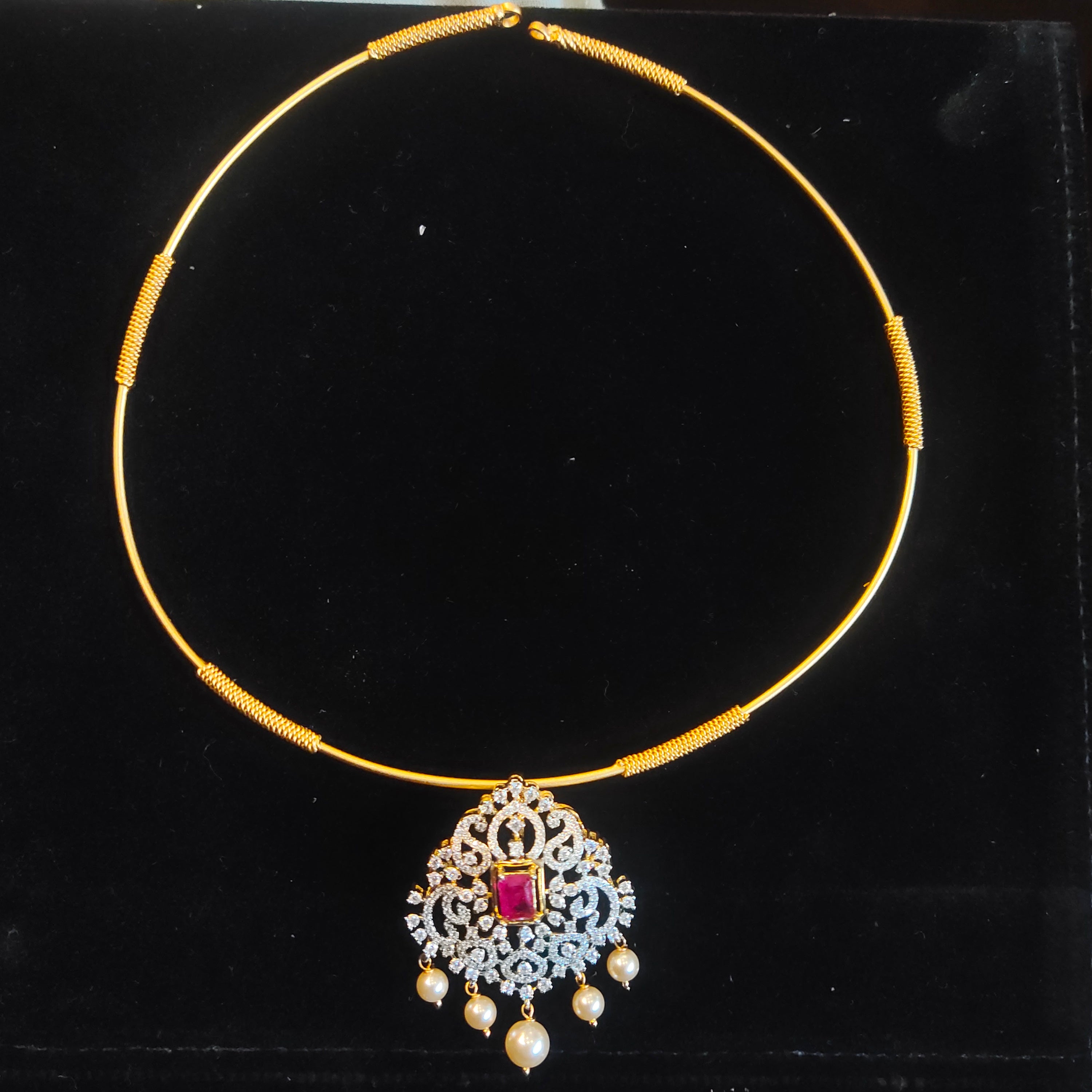 Gold Plated CZ Hasli Choker Necklace with Pearl Drops | Emerald Green & Ruby Red
