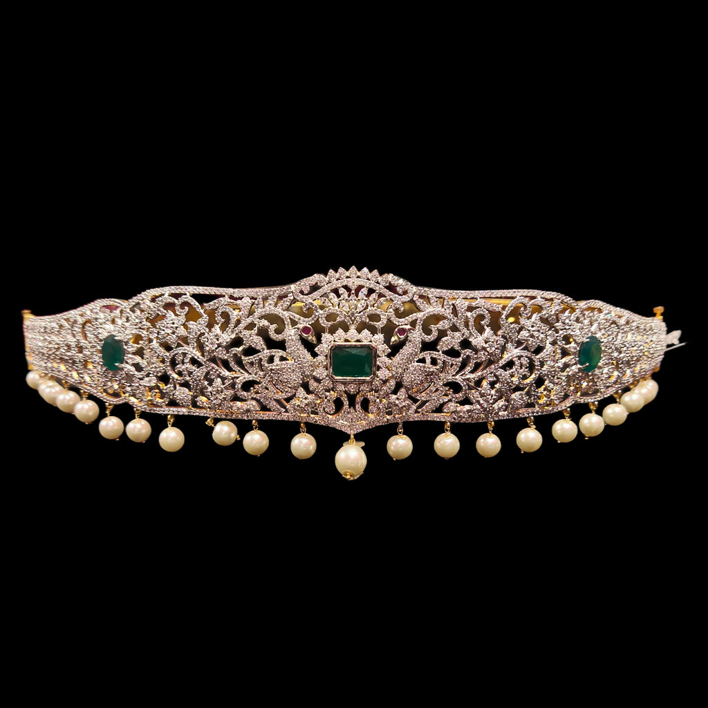 American Diamond Vaddanam - Emerald Pearl 24K Gold Plated Belt