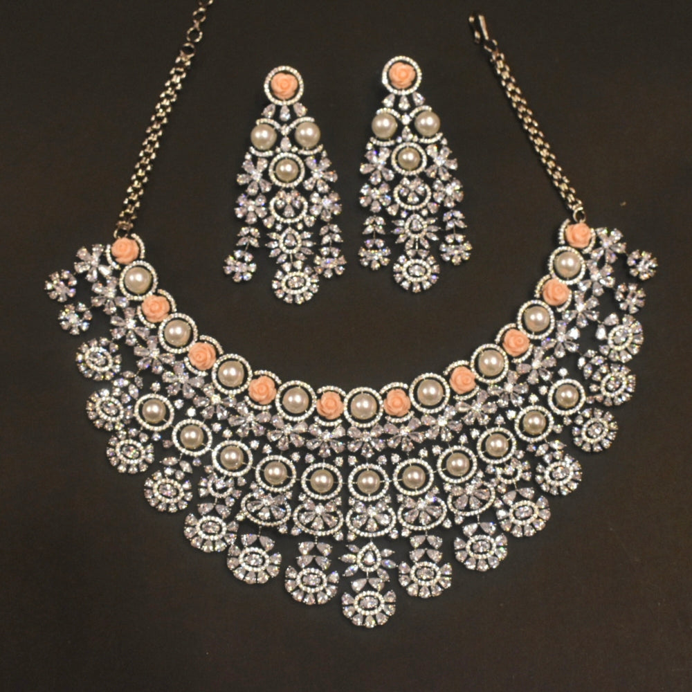 Pink Flower Beads Pearl Diamond Victorian Choker Set - Hyderabadi Bridal Jewelry
