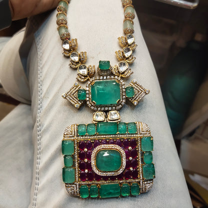 "Enchanting Elegance: Moissanite Polki Pendant Set with Green Cabochon Stones and Emerald Beads Necklace"