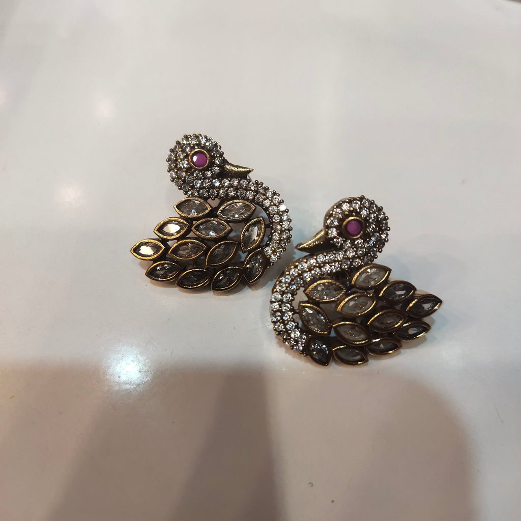 Victorian Zircon Peacock Stud Earrings - Traditional Elegant Design