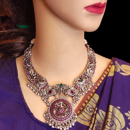 "Sparkling Elegance: The Oxidized Jermon Silver Peacock Necklace by ASP Fashion Jewellery"