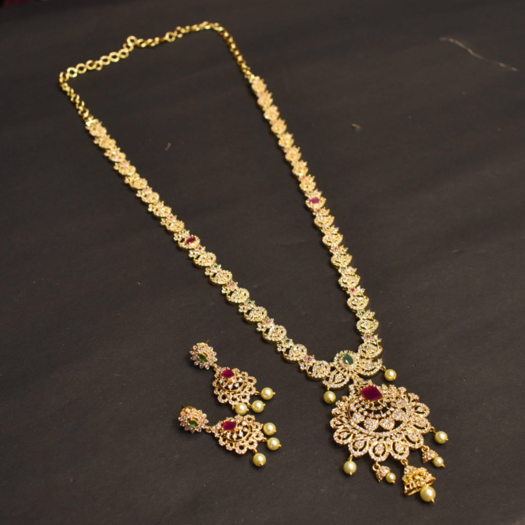 CZ Gold Plated Long Necklace Set - Sophisticated Bridal Jewelry Collection