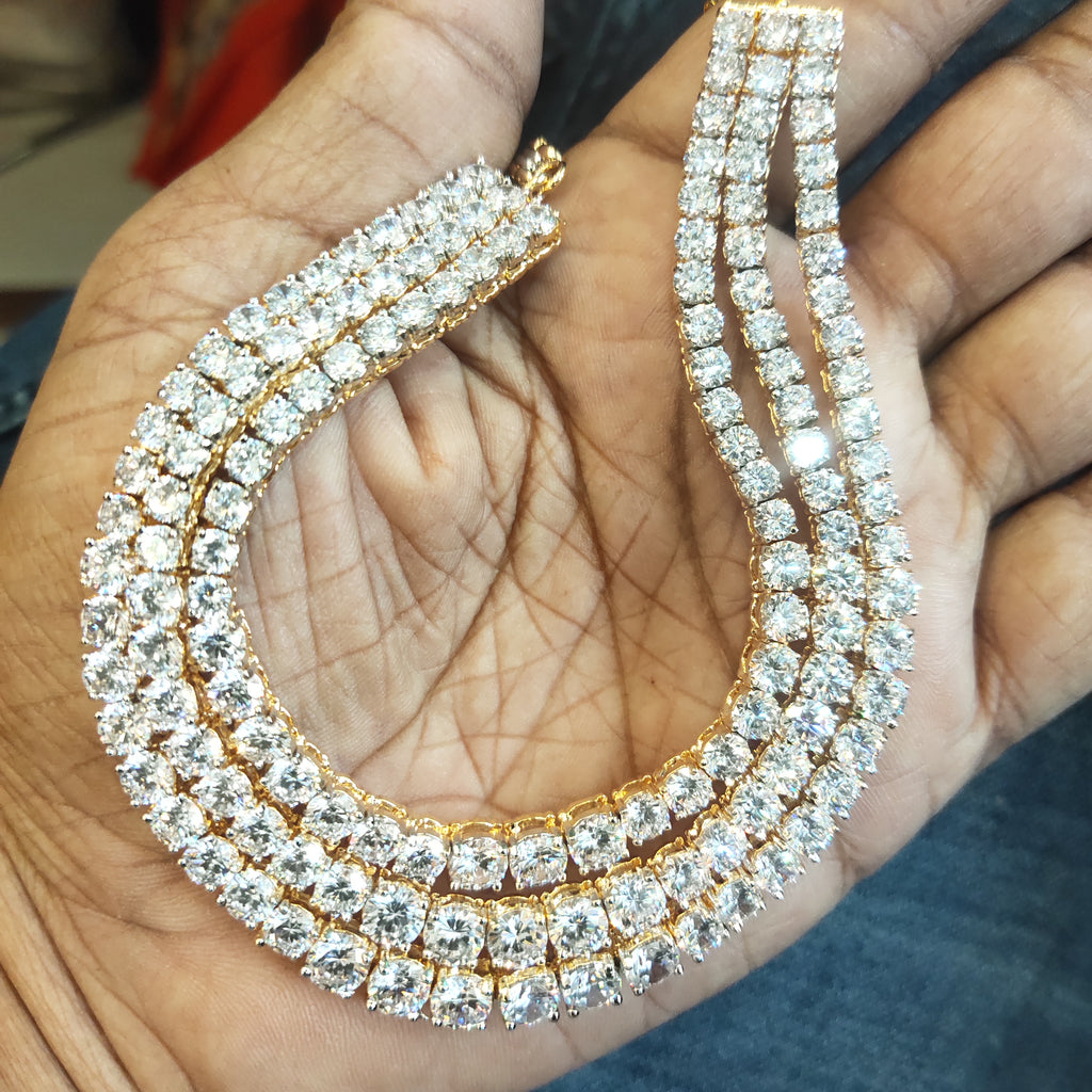 3 Layer Crystal Clear Solitaire Diamond Look Rhodium-Gold Double Tone Zircon Necklace Set with Earrings