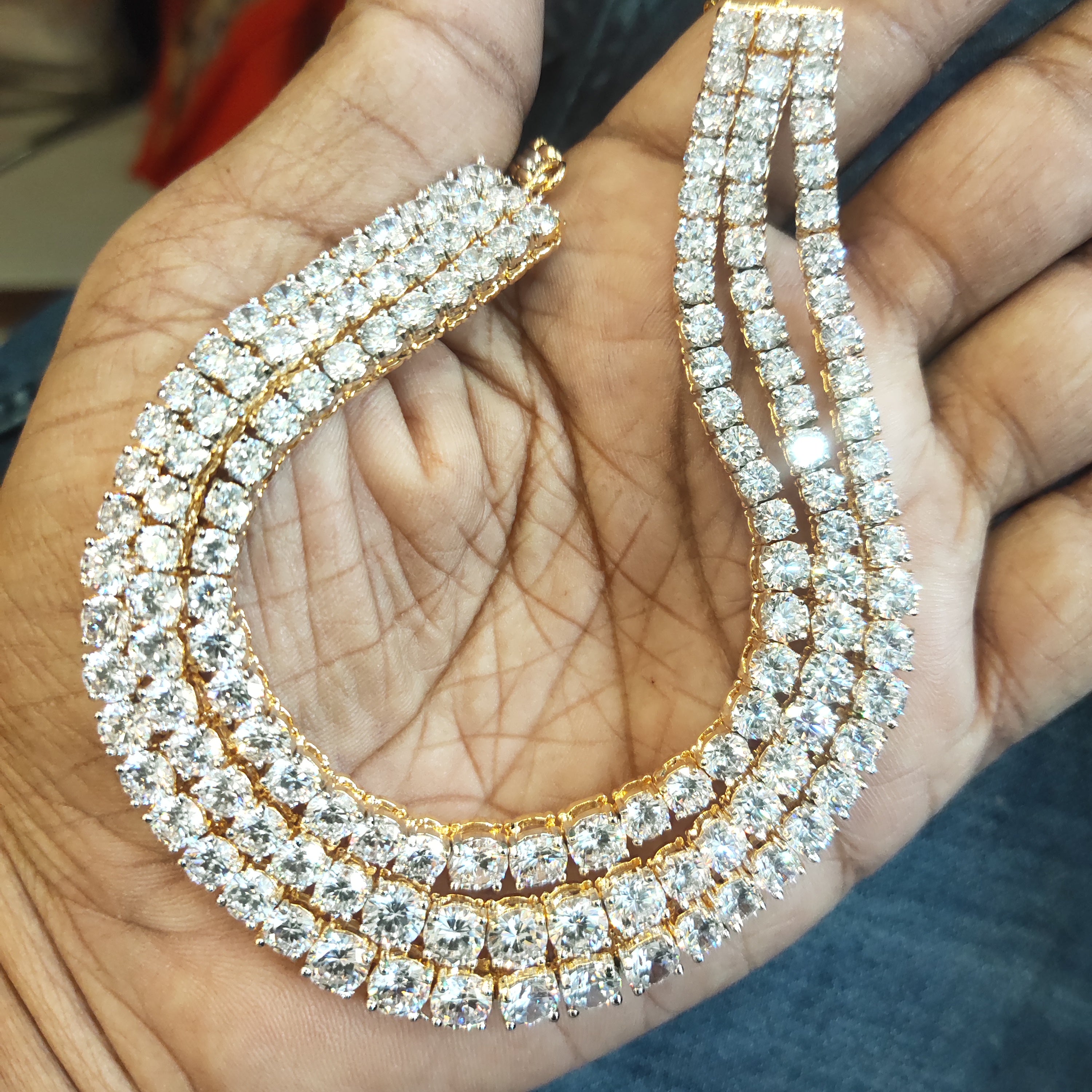 3 Layer Crystal Clear Solitaire Diamond Look Rhodium-Gold Double Tone Zircon Necklace Set with Earrings