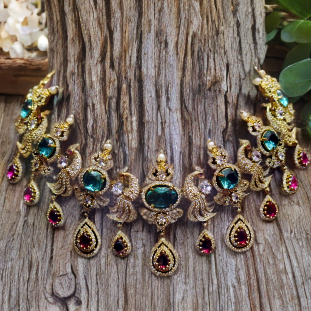 Victorian CZ Short Necklace Set - Ruby Emerald Studded Elegant Jewelry