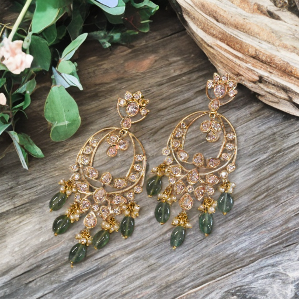 24K Gold Plated Green Beads Hanging Chandbali Earrings - Screwback Design