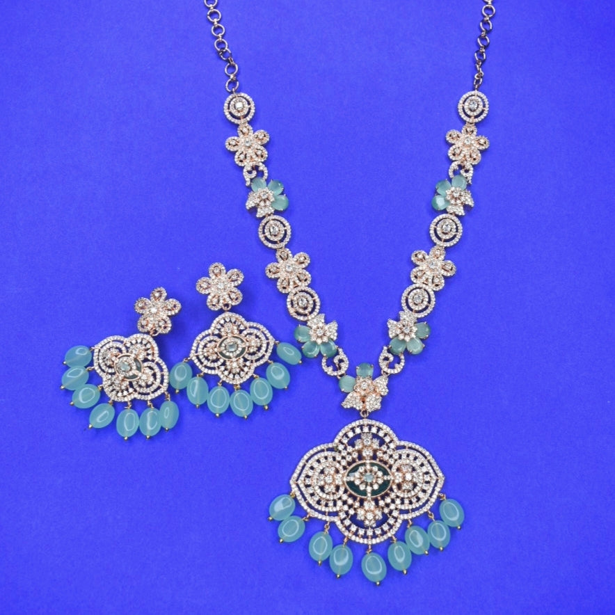 Designer Rose Gold American Diamond Necklace Set with Bead Hangings