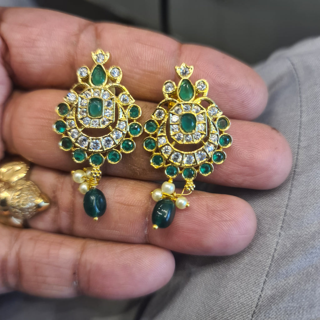 Gold Plated CZ Chandbali Studs | Emerald & Ruby | Stone Drop | Screw Back