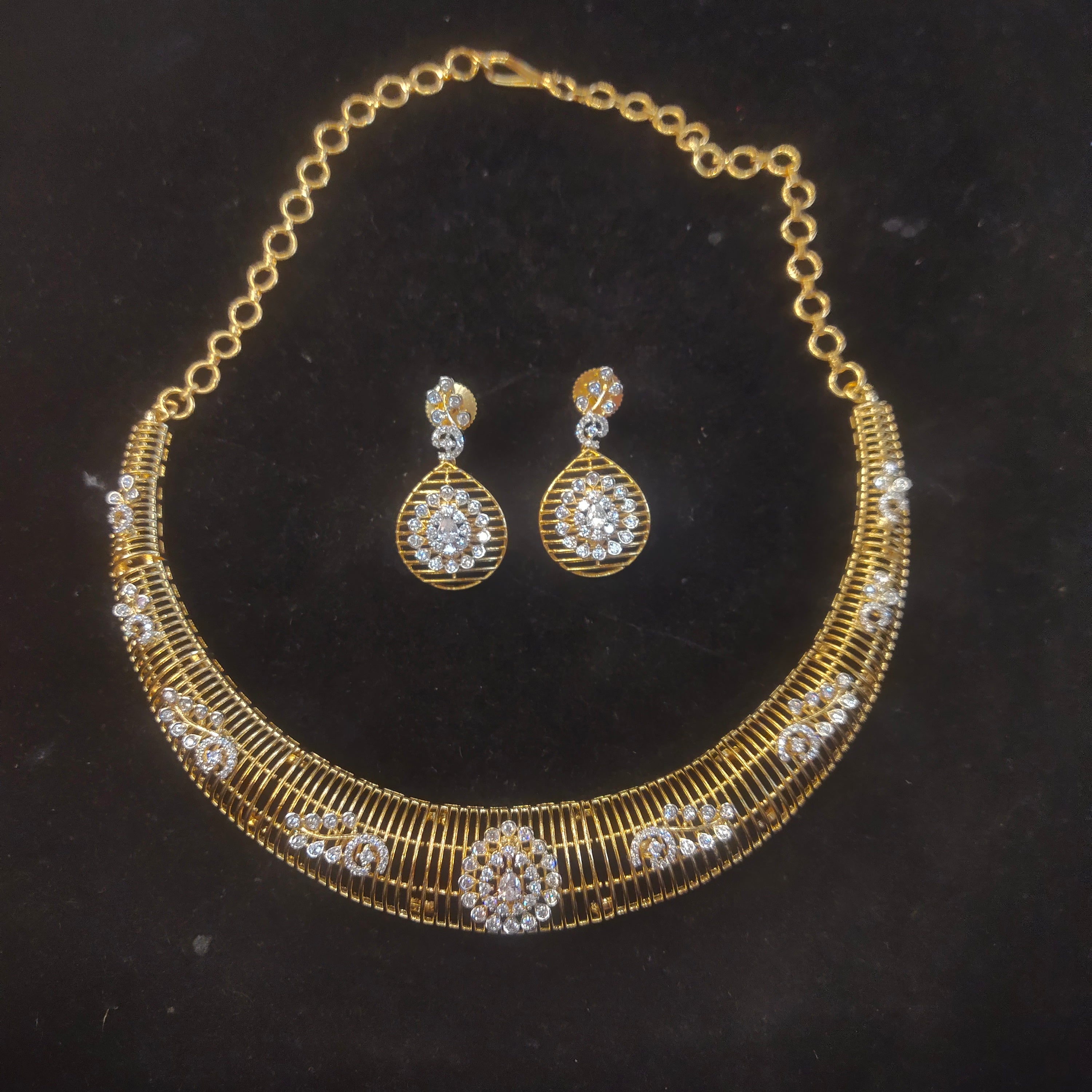 CZ Diamond Gold Choker Necklace – Floral Cluster Collar with Matching Earrings