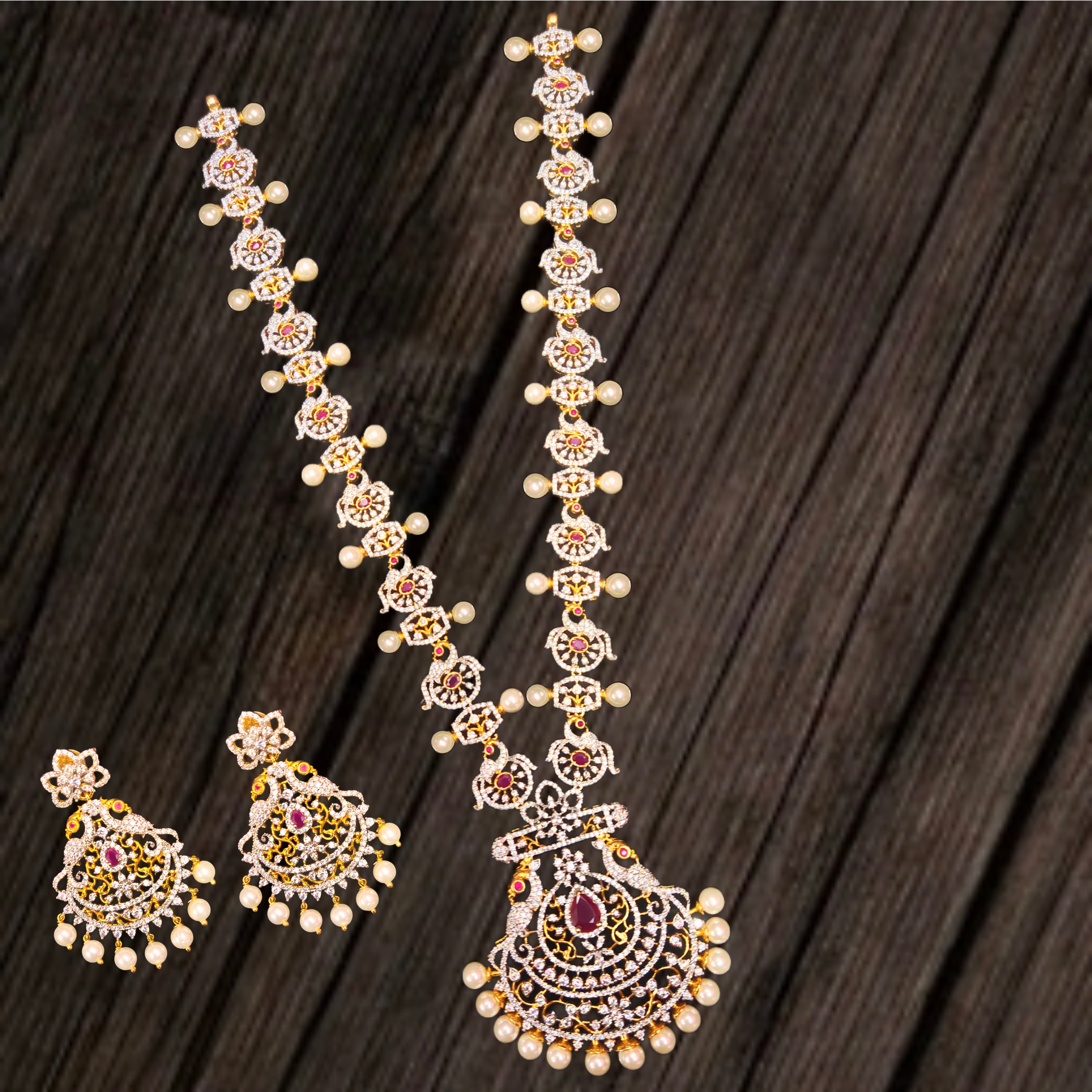 Stylish Peacock American Diamond Necklace Set - 24K Gold Bridal Haram