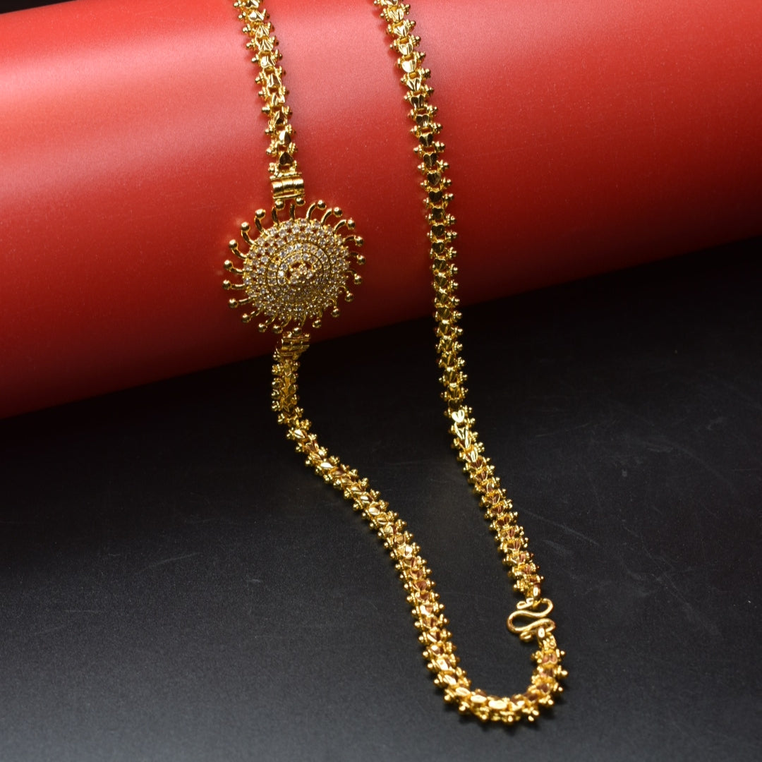 "Gleaming Elegance: Elevate Your Style with Gold-Plated Traditional AD Stone Mugappu Saradu Chain for Women"