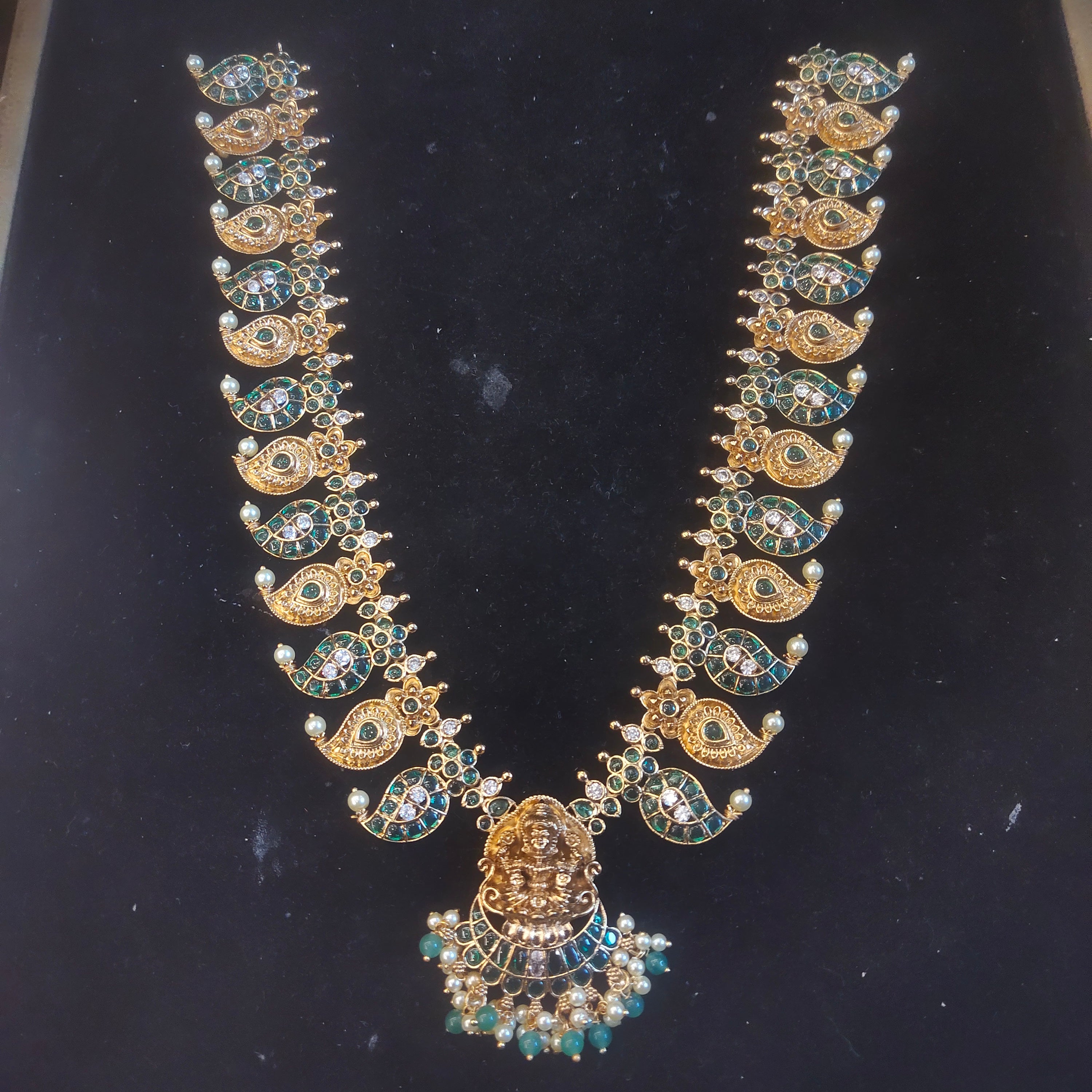 Emerald Temple Mango Haram | Long Lakshmi Necklace with Green Stones & Pearls 482196923707