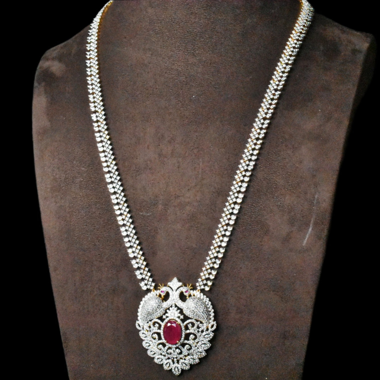 Diamond Long Haram with Ruby & CZ - 24K Gold American Diamond Bridal Set