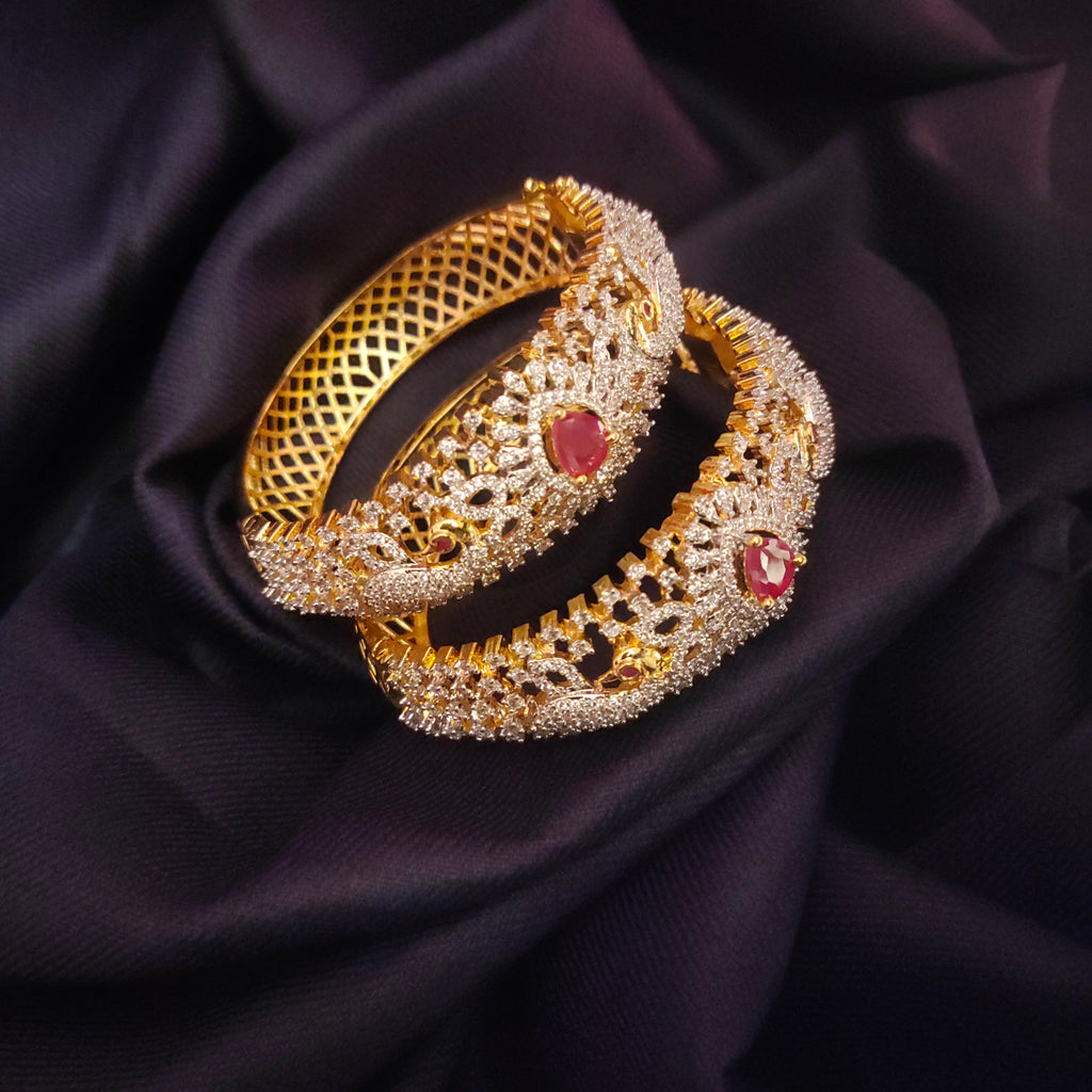 American Diamond Ruby Bangles - 24K Gold Plated Luxury Bangles Set