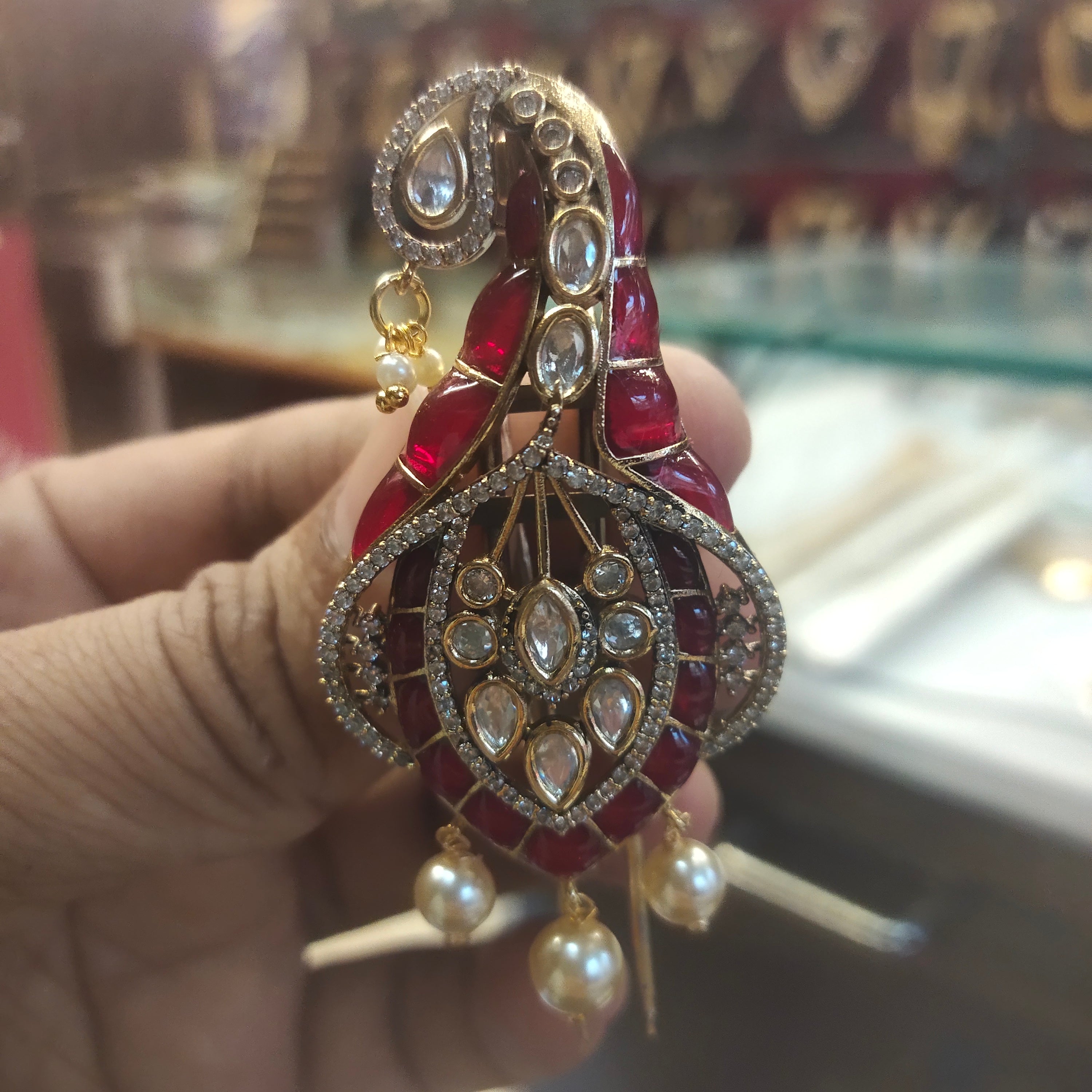 Kundan Polki Kalgi | Paisley Turban Brooch with Pearl Drops