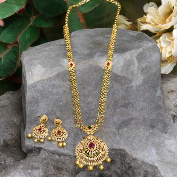 Asp Cz Gold Plated Long Necklace Set