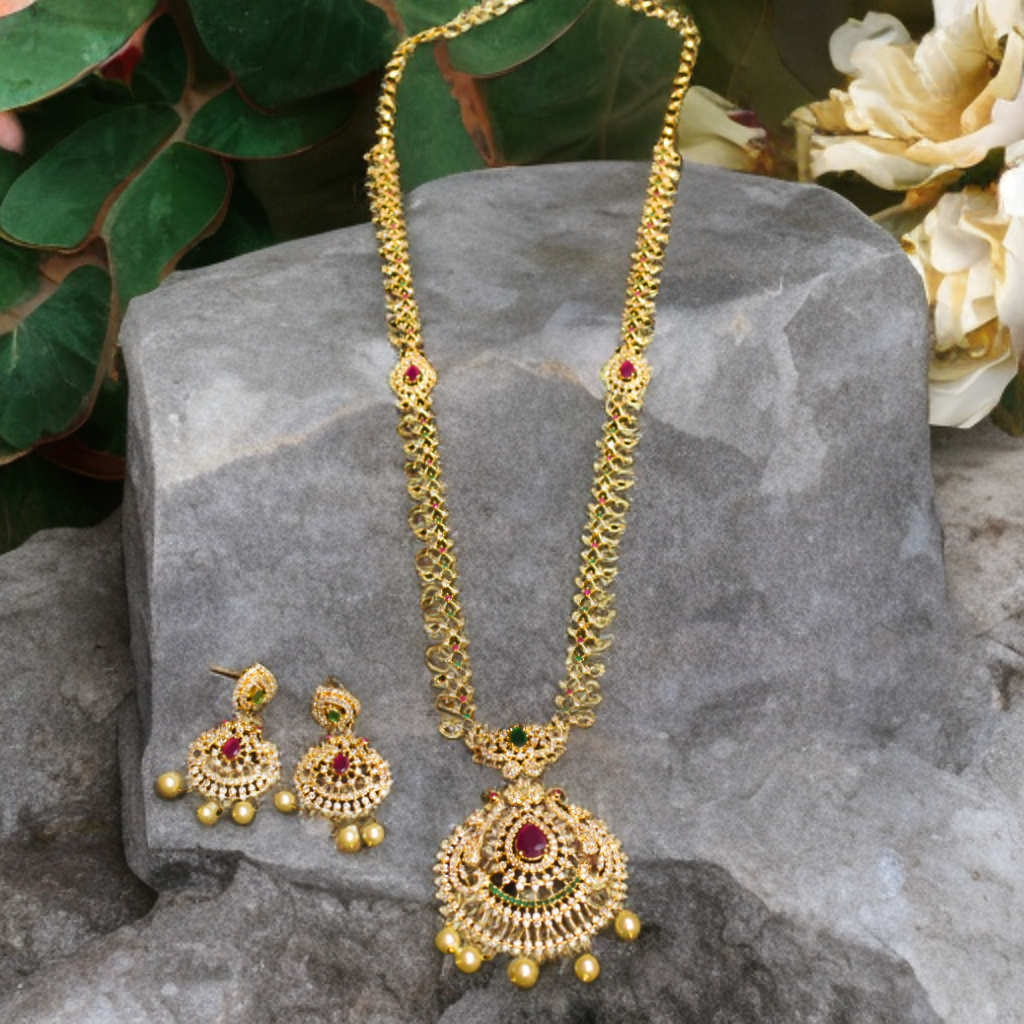 CZ Gold Plated Long Necklace Set - Traditional Temple Jewelry Design