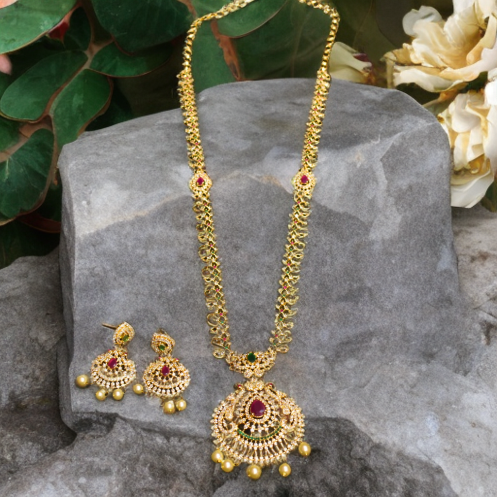 Asp Cz Gold Plated Long Necklace Set