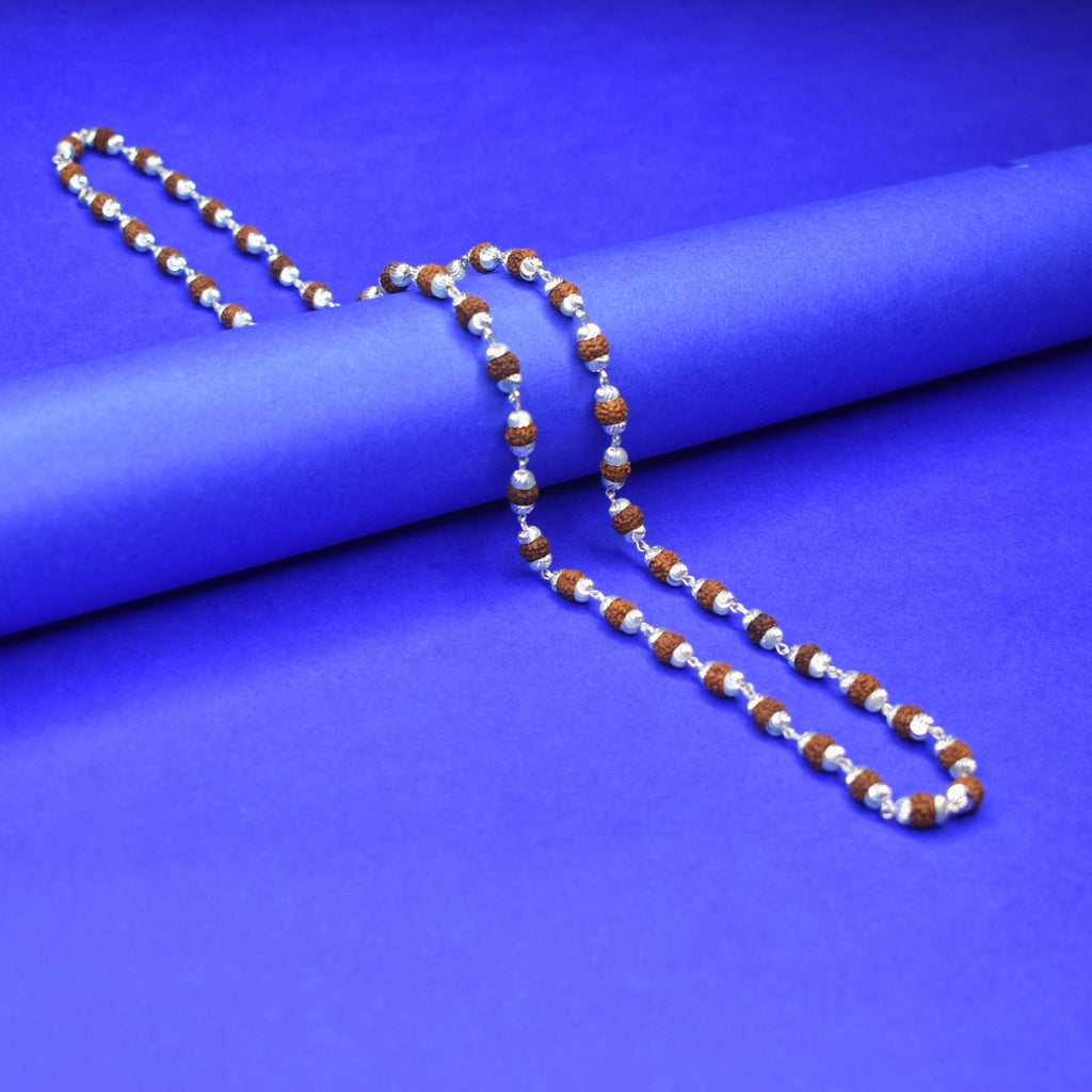 92.5 Sterling Silver Rudraksha Mala for Men - 26 Inch Sacred Chain