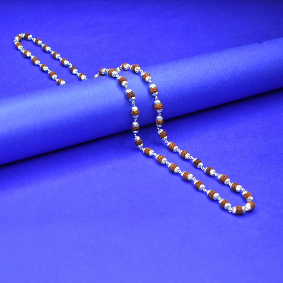 92.5 Sterling Silver Rudraksha Mala for Men - 26 Inch Sacred Chain