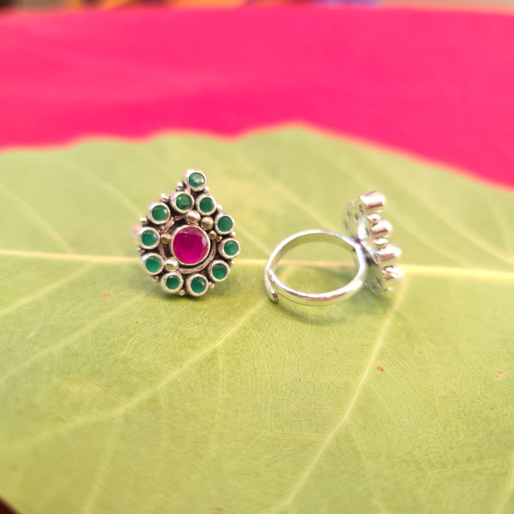 925 Sterling Silver Ruby Emerald Toe Ring - Traditional Bridal Bichiya for Women