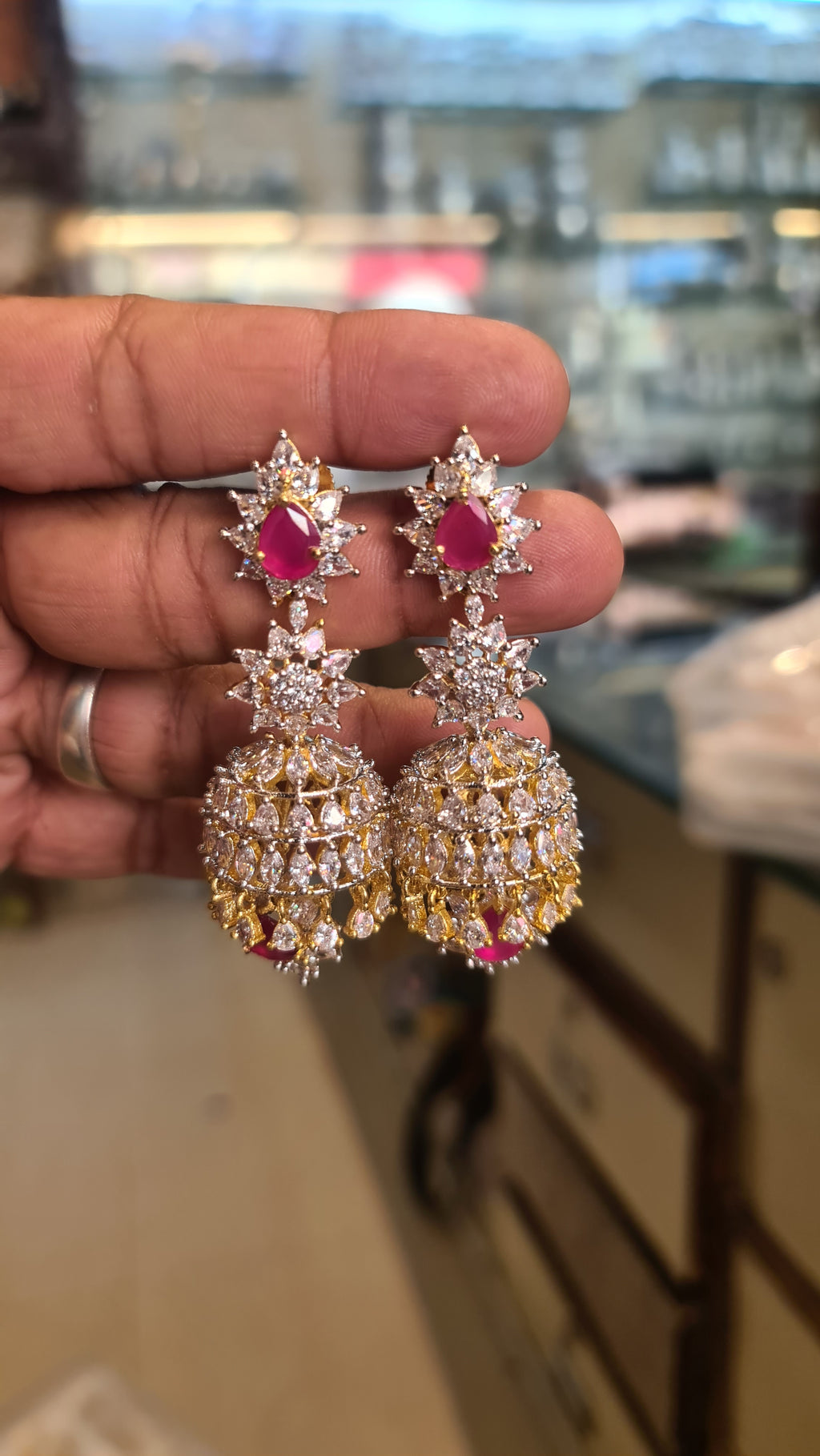 American Diamond Star Top Jhumka Earrings | Ruby CZ | Push Back