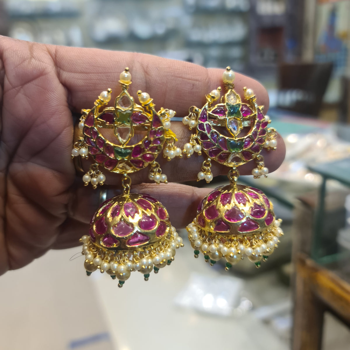 Kempu Kundan Chandbali Jhumki with Pearl Drops | Temple Earrings