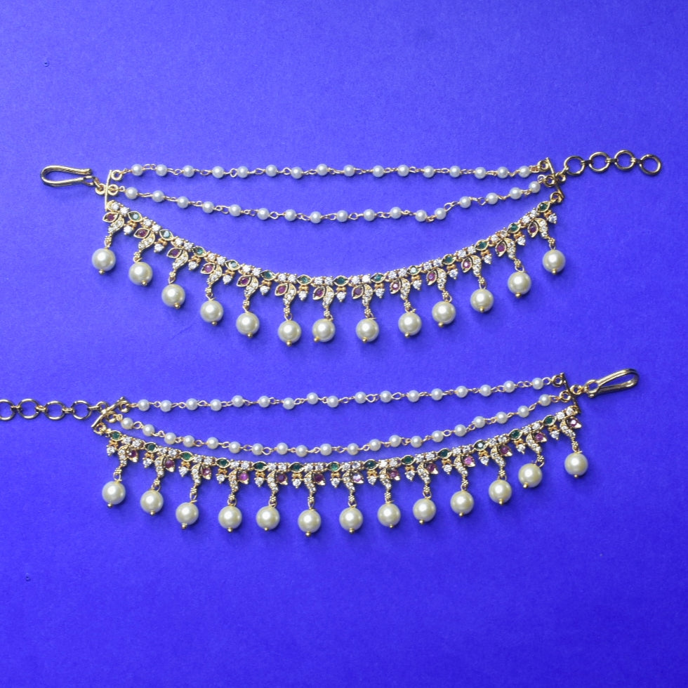 CZ Ruby Emerald Champaswaralu - 24K Gold Plated Ear Chains