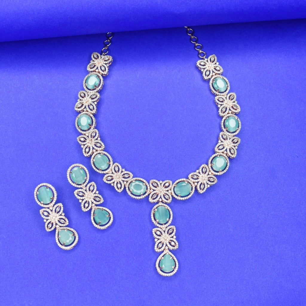 Rose Gold American Diamond Necklace Set with Earrings - Bridal Jewelry