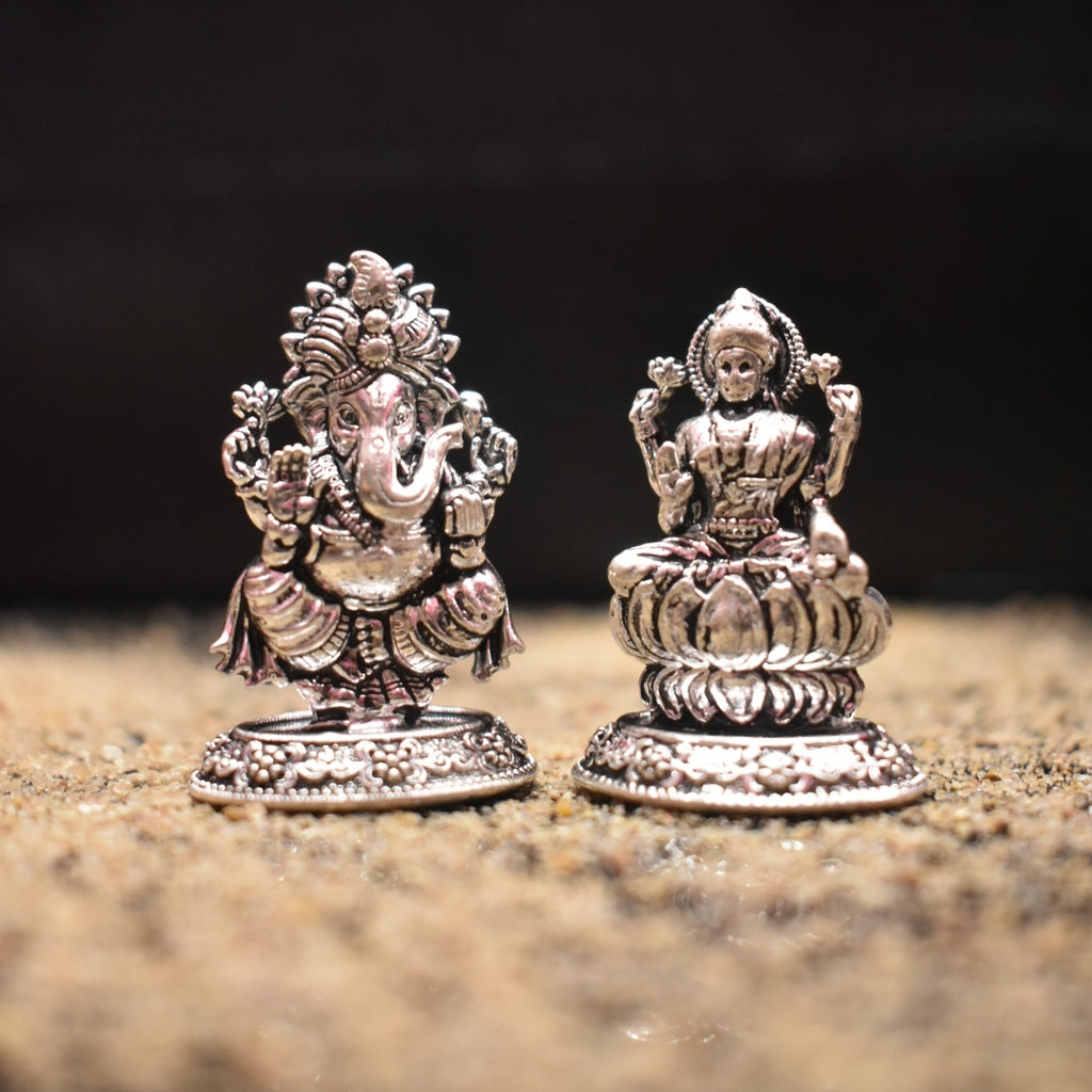 Oxidized Silver Lakshmi Ganesh Idol - Handcrafted Antique Finish Statue