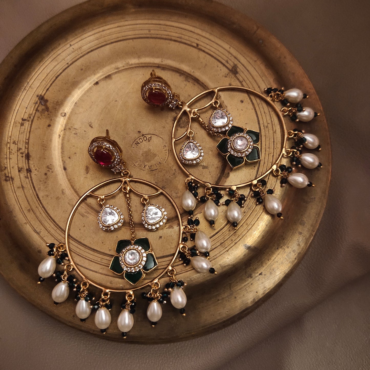 "Radiant Elegance: Handcrafted Green Moissanite & Paachi Kundan Chand Bali Earrings Set for Modern Glamour"
