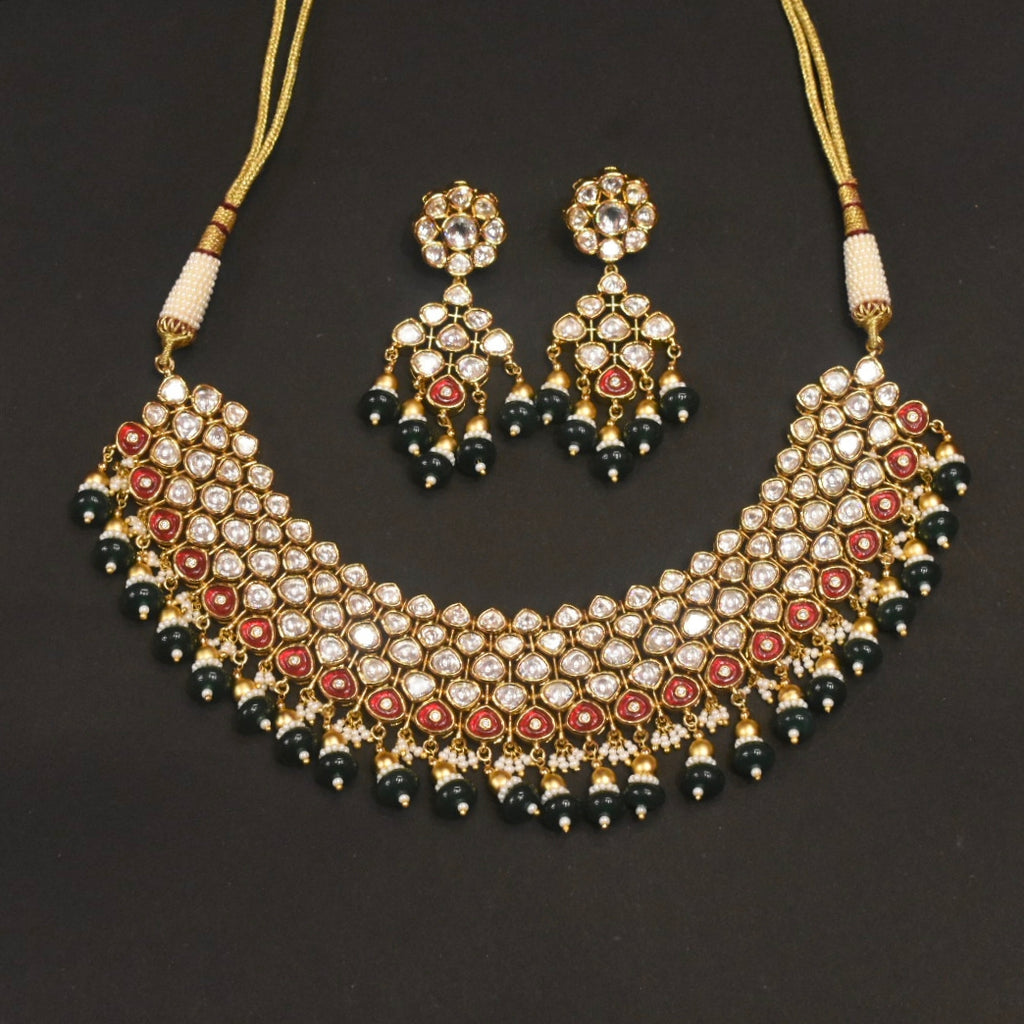 24K Gold Plated Kundan Necklace Set with Chandelier Earrings - Traditional Indian Jewelry