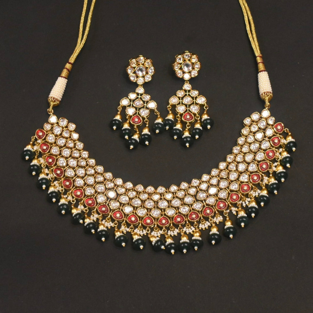 24K Gold Plated Kundan Necklace Set with Chandelier Earrings - Traditional Indian Jewelry