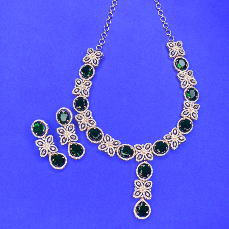 Rose Gold American Diamond Necklace Set with Earrings - Bridal Jewelry