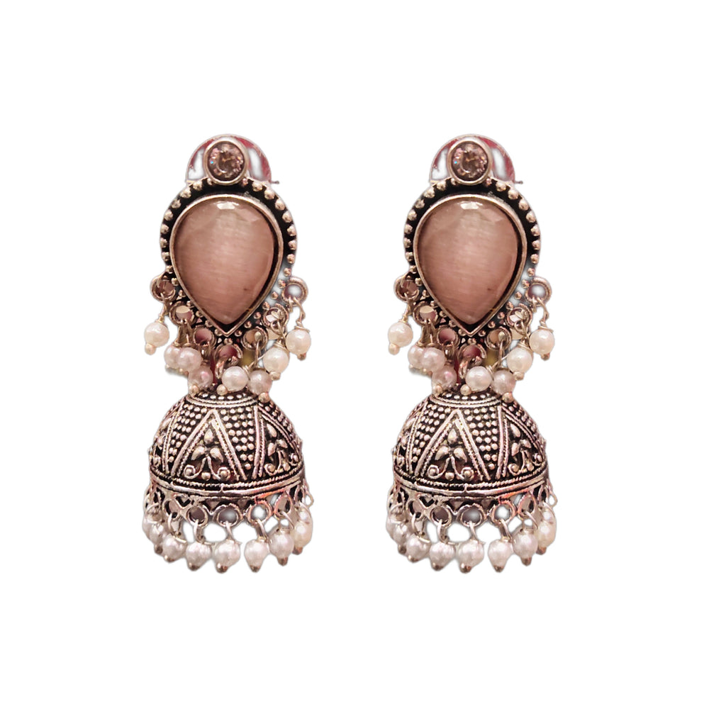 Classic Oxidized Silver Jhumka - Vintage Style Pink Accents