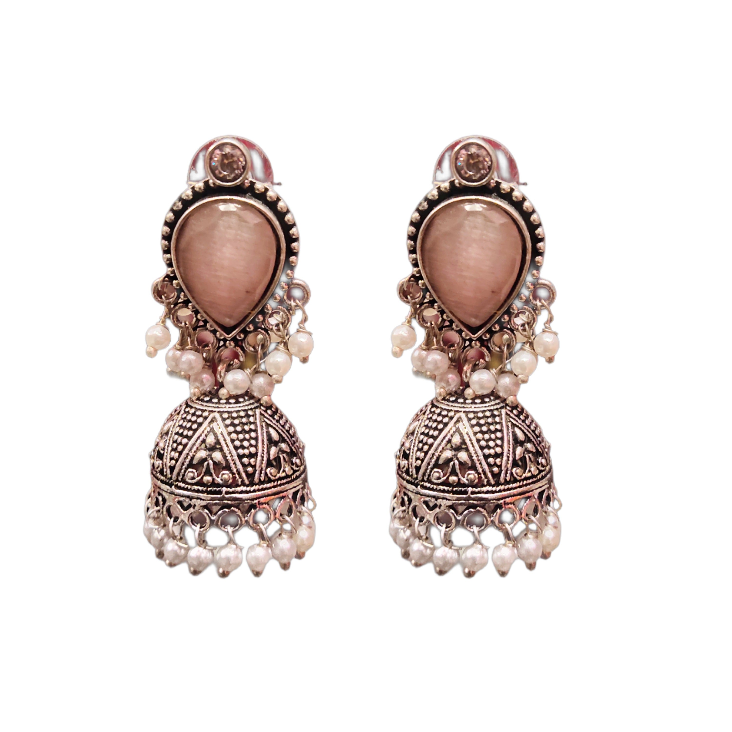 Classic Oxidized Silver Jhumka - Vintage Style Pink Accents