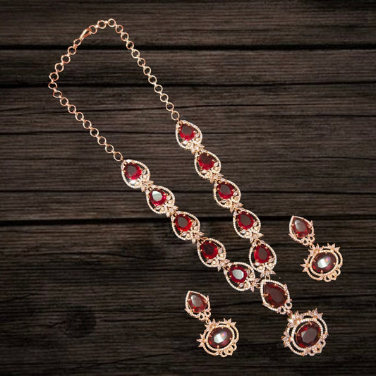 Asp Fashion Jewellery Rose Gold Red American Diamonds Necklace Set