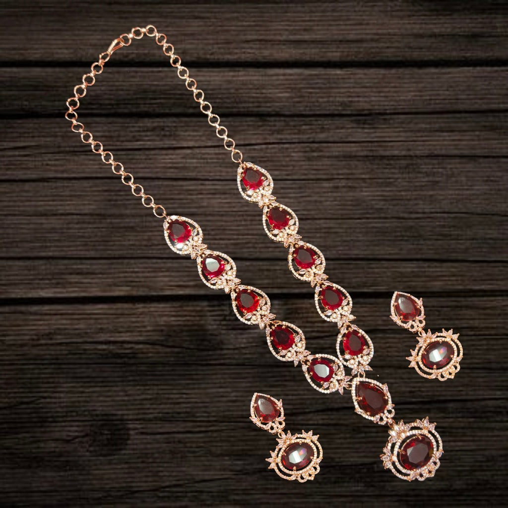 Red American Diamond Necklace Set - Rose Gold Ruby Royal Wedding Jewelry