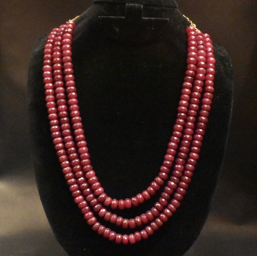 Layered Ruby Rondelles Beaded 3 Layer Necklace - 18 Inch Traditional Cultured Beads